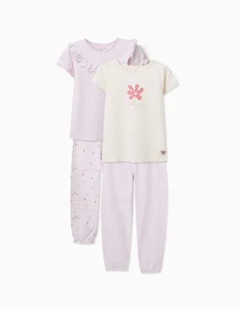 Pack of 2 short cotton pyjamas with floral prints for girls, lilac/white