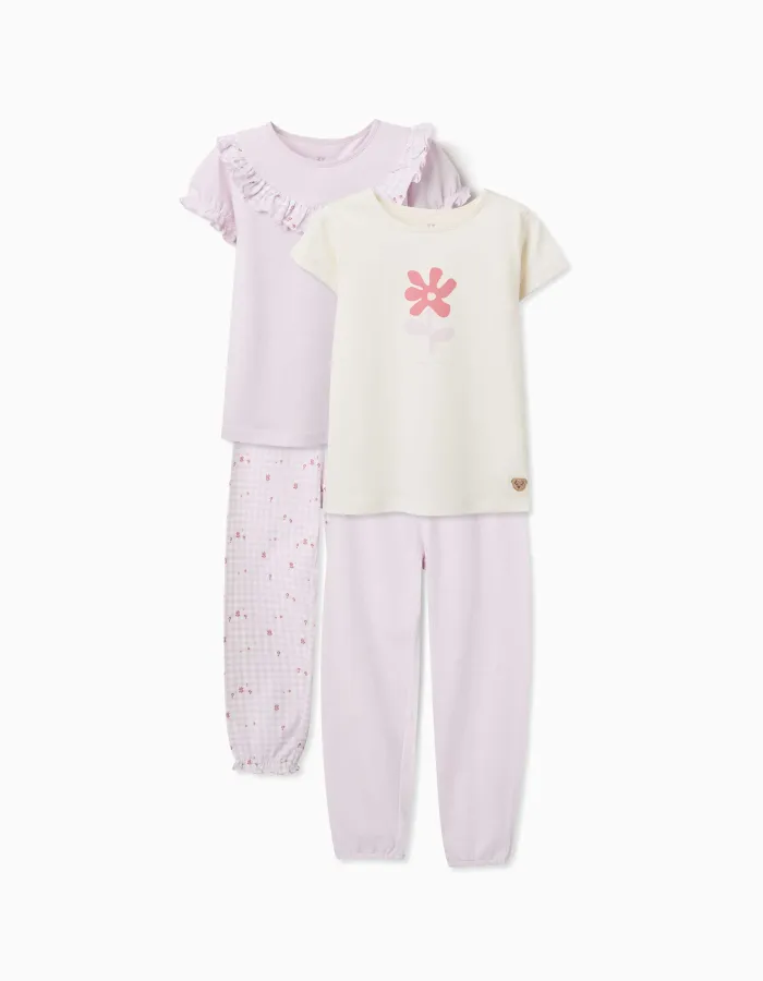 Pack of 2 short cotton pyjamas with floral prints for girls, lilac/white