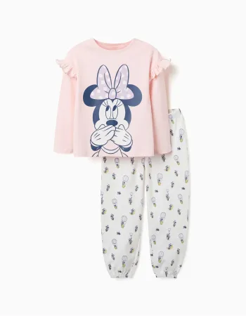 Long cotton pyjamas with Minnie prints for girls, white/light pink