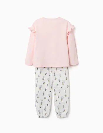 Long cotton pyjamas with Minnie prints for girls, white/light pink
