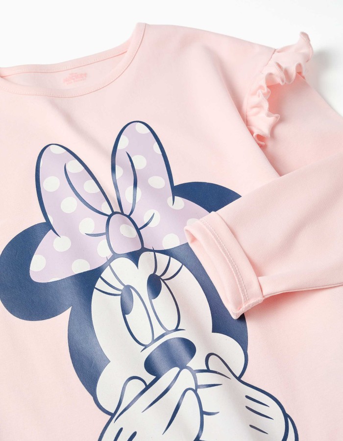 Long cotton pyjamas with Minnie prints for girls, white/light pink