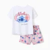 Cotton T-shirt and shorts set with Stitch print for girls, white/pink