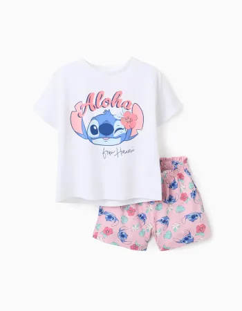 Cotton T-shirt and shorts set with Stitch print for girls, white/pink