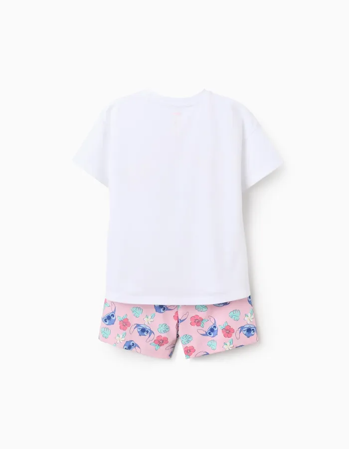 Cotton T-shirt and shorts set with Stitch print for girls, white/pink