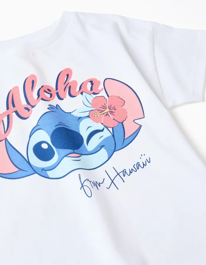 Cotton T-shirt and shorts set with Stitch print for girls, white/pink