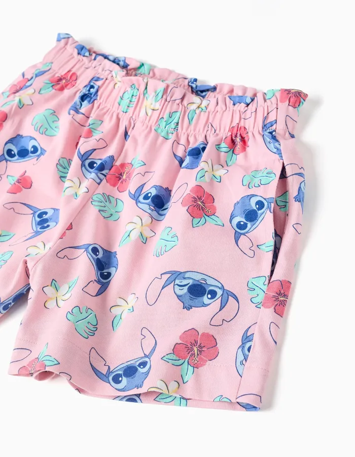 Cotton T-shirt and shorts set with Stitch print for girls, white/pink