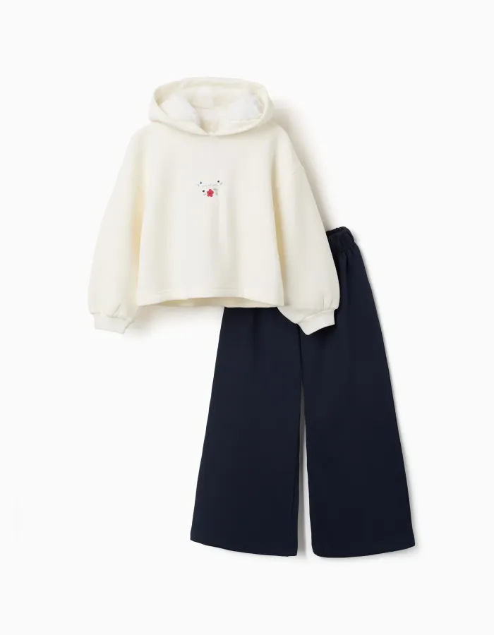 Brushed jogging set with floral print for girls, white/navy blue