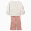 Brushed jogging set with floral print for girls, white/pink