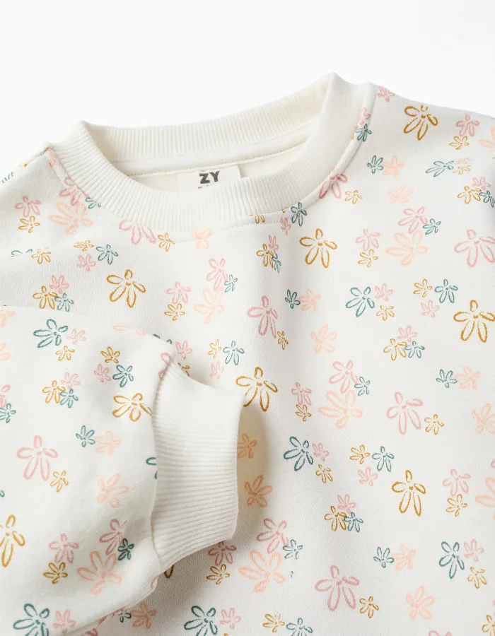 Brushed jogging set with floral print for girls, white/pink