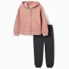 Brushed jogging set with flower print for girls, pink/dark grey