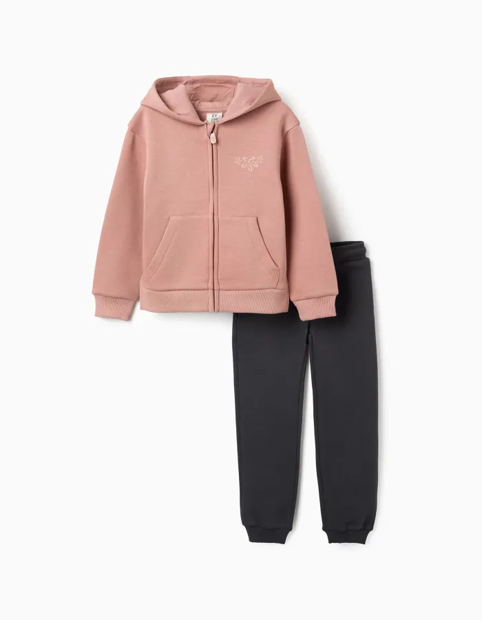 Brushed jogging set with flower print for girls, pink/dark grey