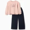 Brushed jogging set with art print for girls, light pink/navy blue