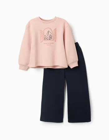 Brushed jogging set with art print for girls, light pink/navy blue