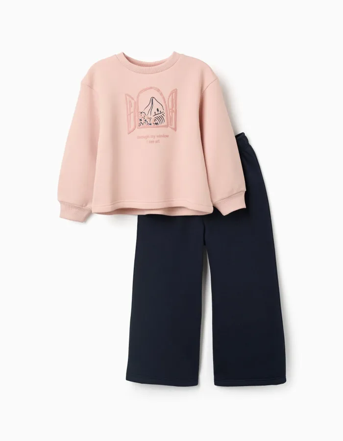 Brushed jogging set with art print for girls, light pink/navy blue