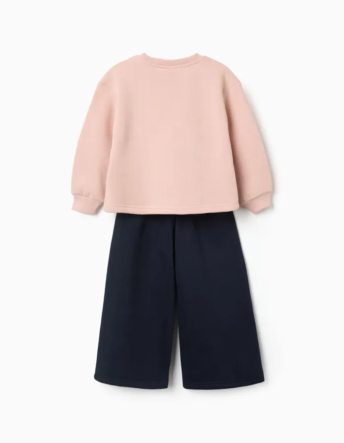 Brushed jogging set with art print for girls, light pink/navy blue