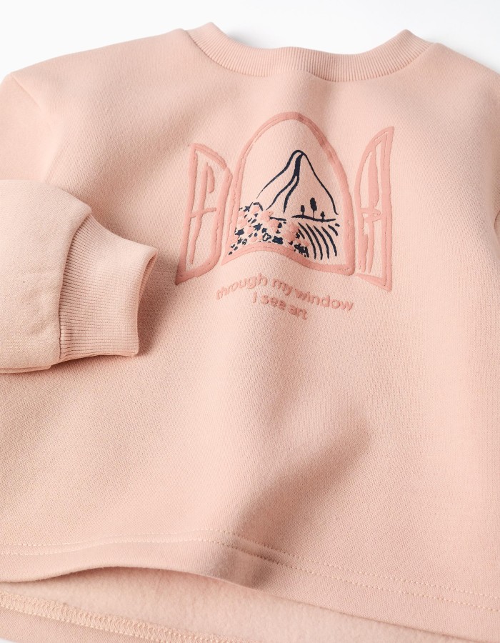 Brushed jogging set with art print for girls, light pink/navy blue