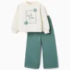 Brushed jogging set with art print for girls, white/green