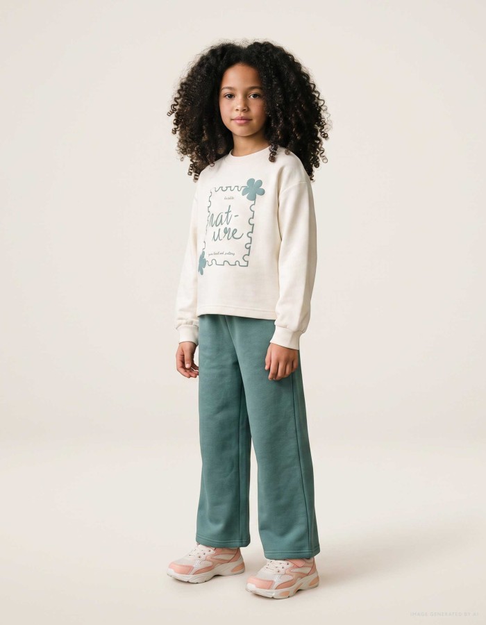 Brushed jogging set with art print for girls, white/green
