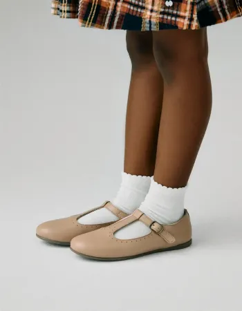 Leather Ballerina Flats for Girls, Beige