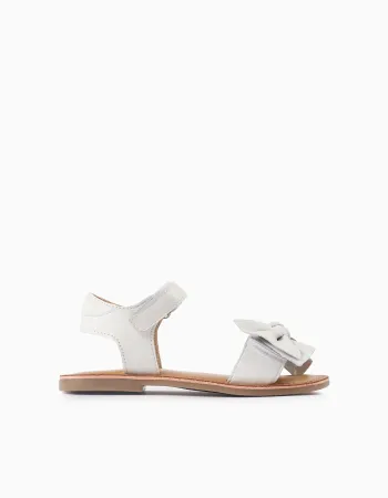 Leather Sandals with Bow for Girls, White