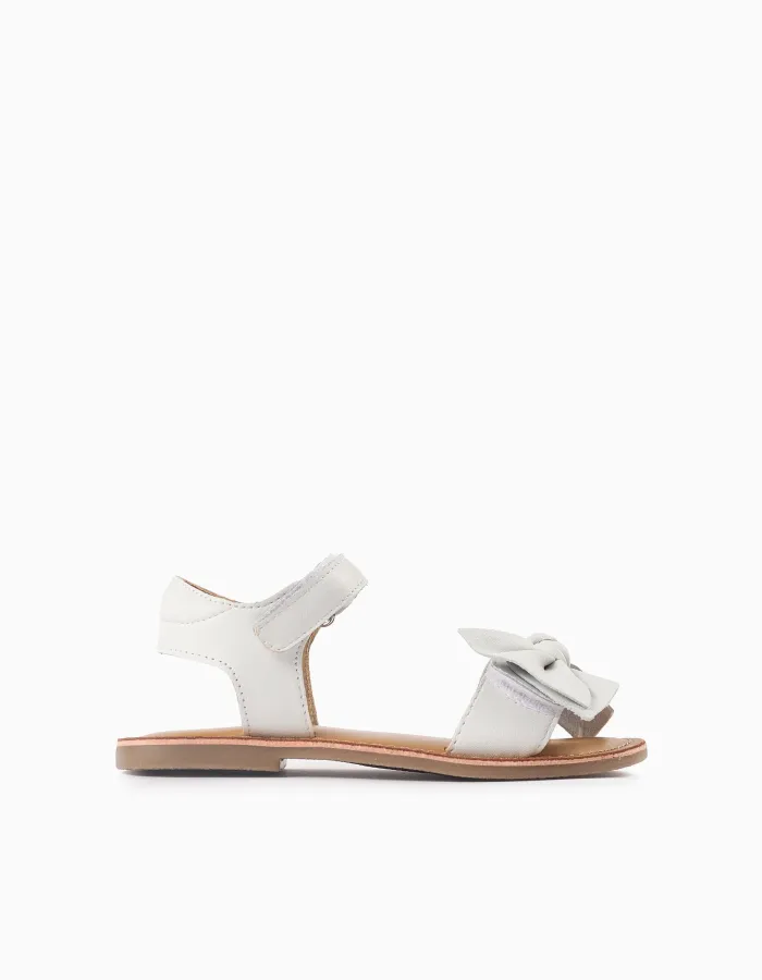 Leather Sandals with Bow for Girls, White