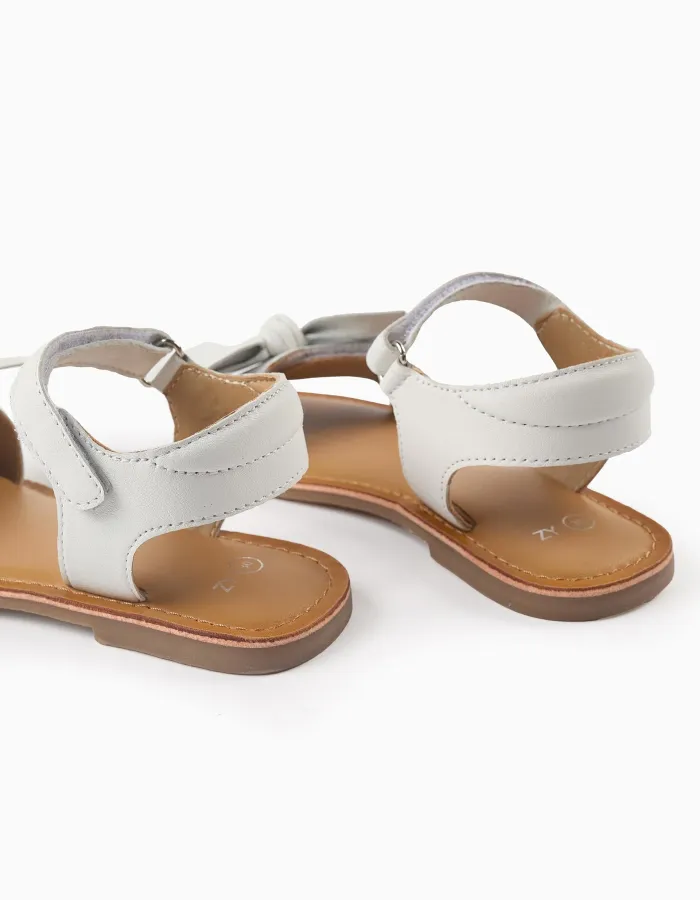 Leather Sandals with Bow for Girls, White