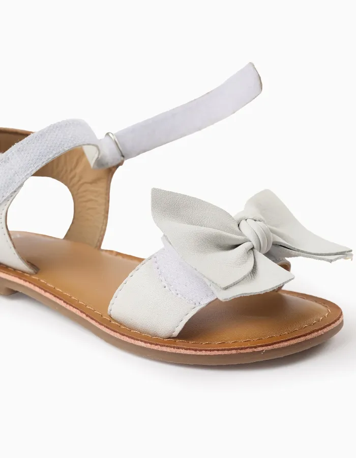 Leather Sandals with Bow for Girls, White