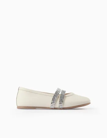 Ballerina Flats with Strass Straps for Girls, White/Silver