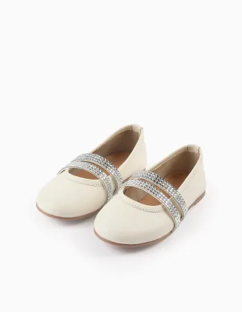 Ballerina Flats with Strass Straps for Girls, White/Silver