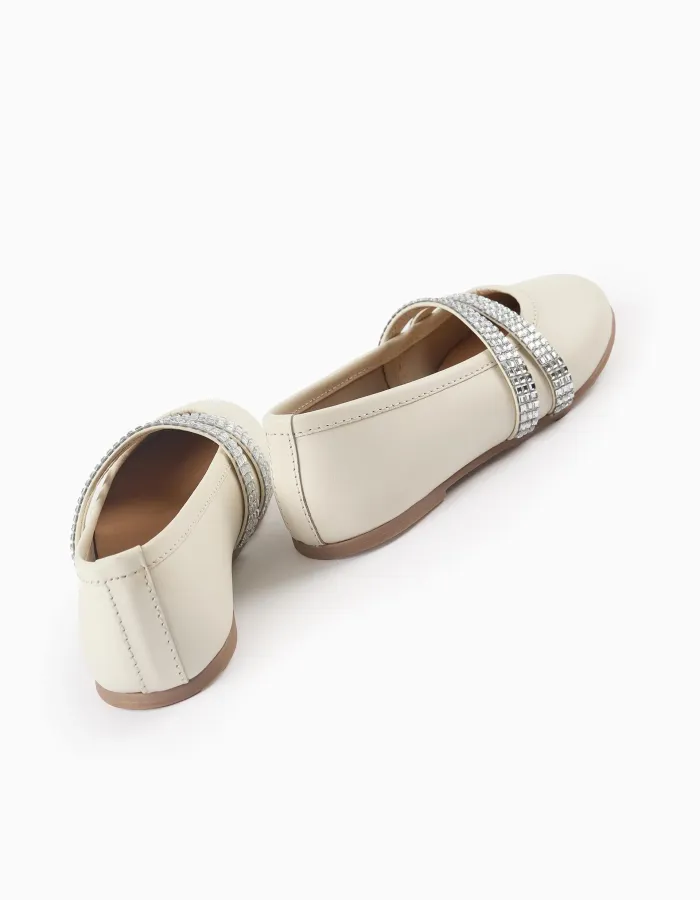 Ballerina Flats with Strass Straps for Girls, White/Silver