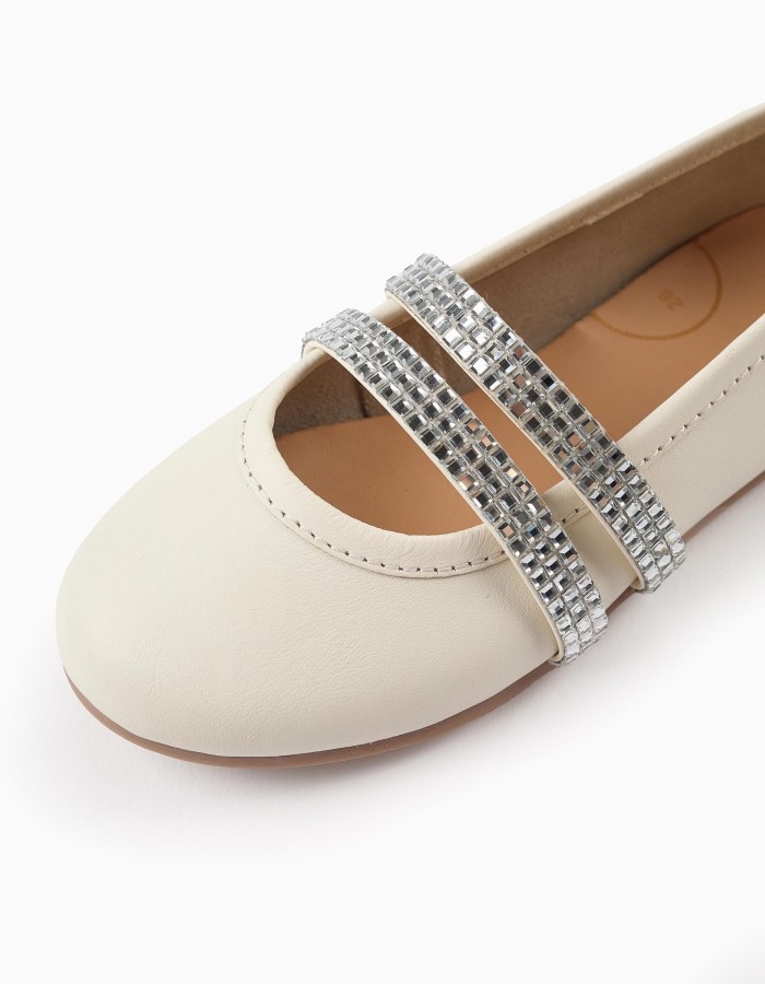 Ballerina Flats with Strass Straps for Girls, White/Silver