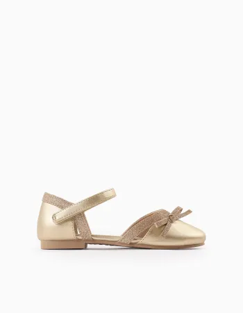 Glitter Ballerina Flats with Bow for Girls, Gold