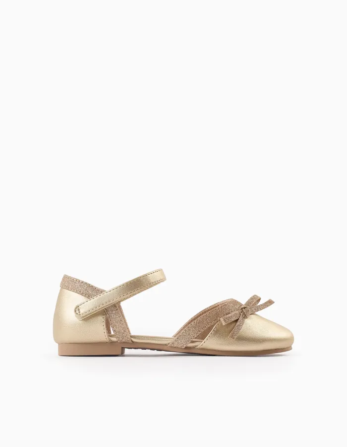 Glitter Ballerina Flats with Bow for Girls, Gold