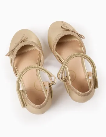 Glitter Ballerina Flats with Bow for Girls, Gold