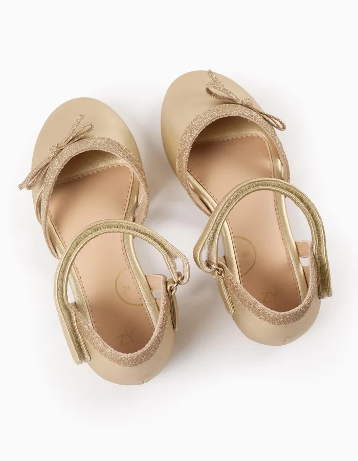 Glitter Ballerina Flats with Bow for Girls, Gold