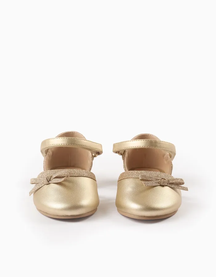 Glitter Ballerina Flats with Bow for Girls, Gold