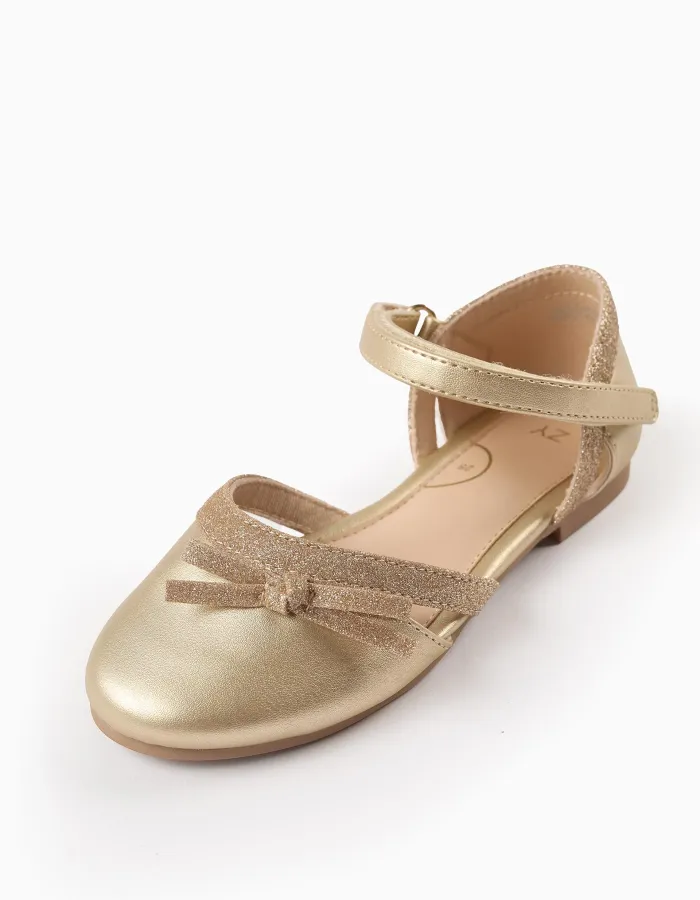 Glitter Ballerina Flats with Bow for Girls, Gold
