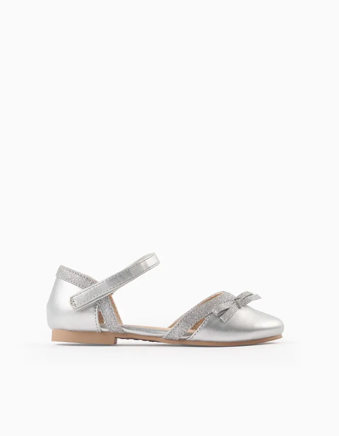 Glitter Ballerina Flats with Bow for Girls, Silver