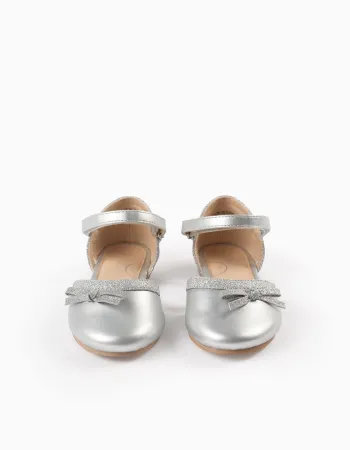 Glitter Ballerina Flats with Bow for Girls, Silver