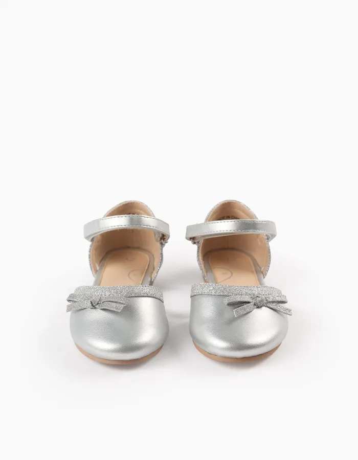 Glitter Ballerina Flats with Bow for Girls, Silver