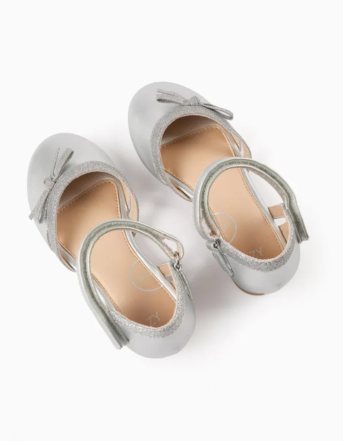 Glitter Ballerina Flats with Bow for Girls, Silver