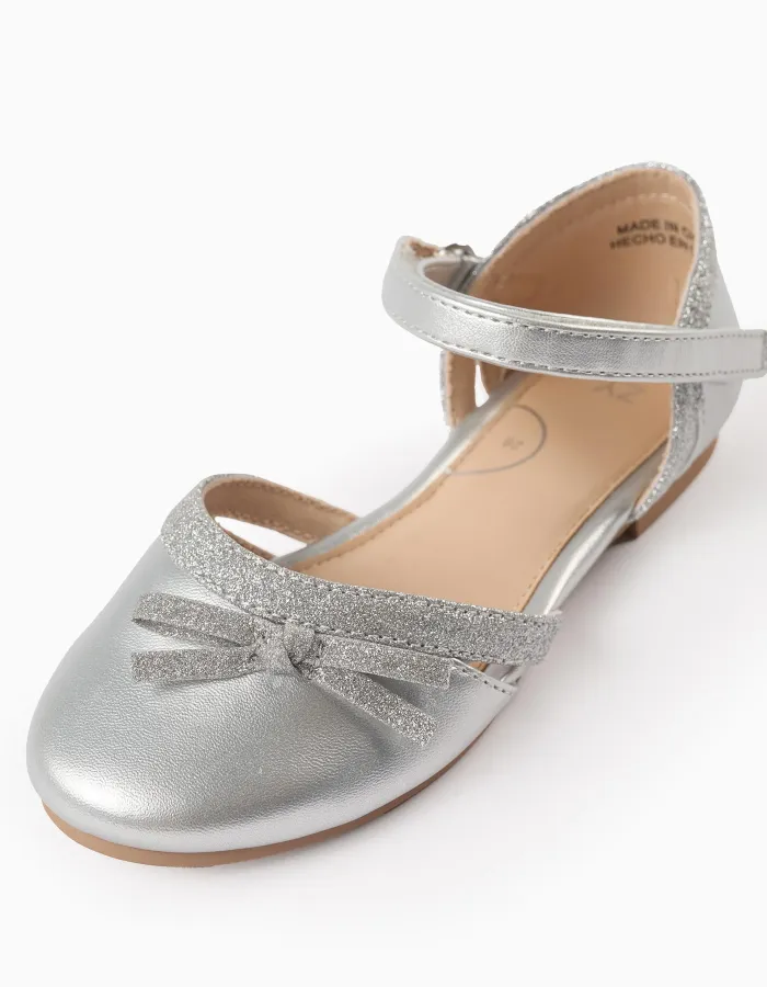 Glitter Ballerina Flats with Bow for Girls, Silver
