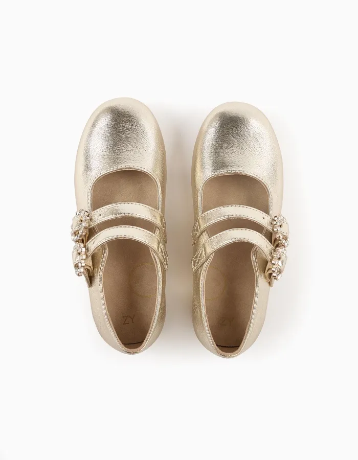 Mary Jane Shoes with Buckles and Sparkles for Girls, Gold
