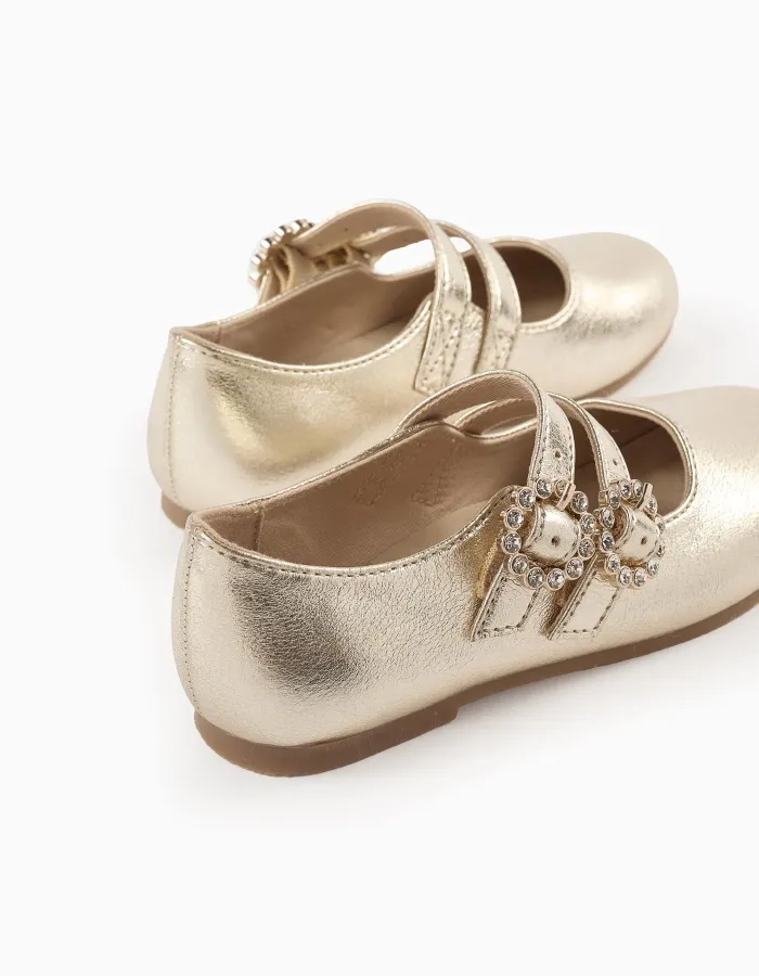 Mary Jane Shoes with Buckles and Sparkles for Girls, Gold