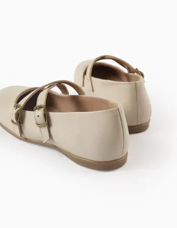 Leather Buckled Ballerina Shoes for Girls, Beige