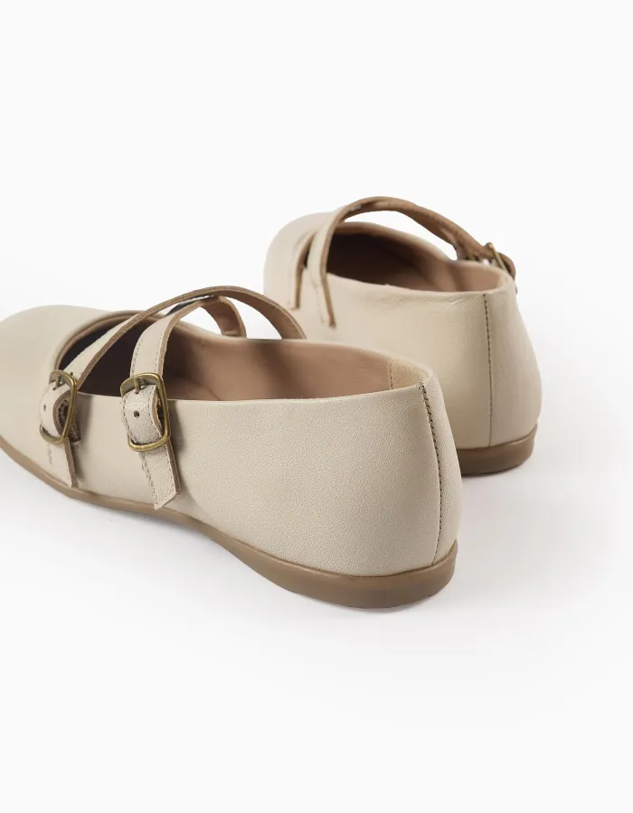 Leather Buckled Ballerina Shoes for Girls, Beige