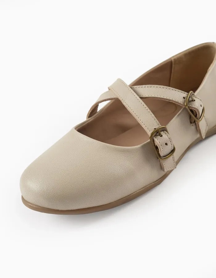 Leather Buckled Ballerina Shoes for Girls, Beige