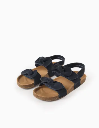 Suede Sandals with Bows for Girls, Dark Blue