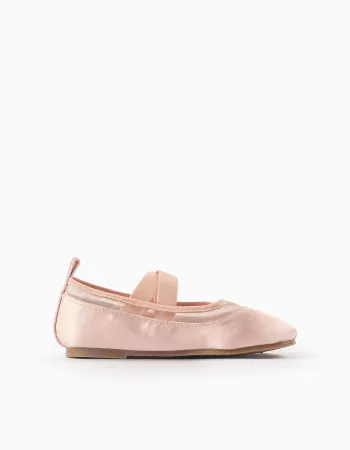 Satin Ballerina Flats with Elastics for Girls, Pink