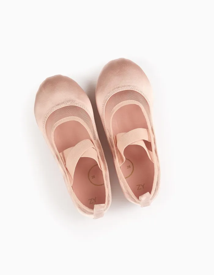 Satin Ballerina Flats with Elastics for Girls, Pink